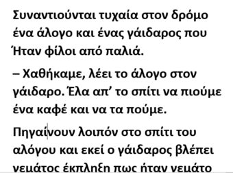 Συναντιούνται τυχαία στον δρόμο ένα άλογο και ένας γάιδαρος που ήταν φίλοι από παλιά.